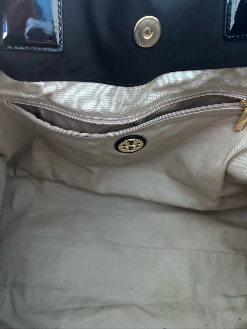 Tory Burch Black Nylon Tote with Patent Logo